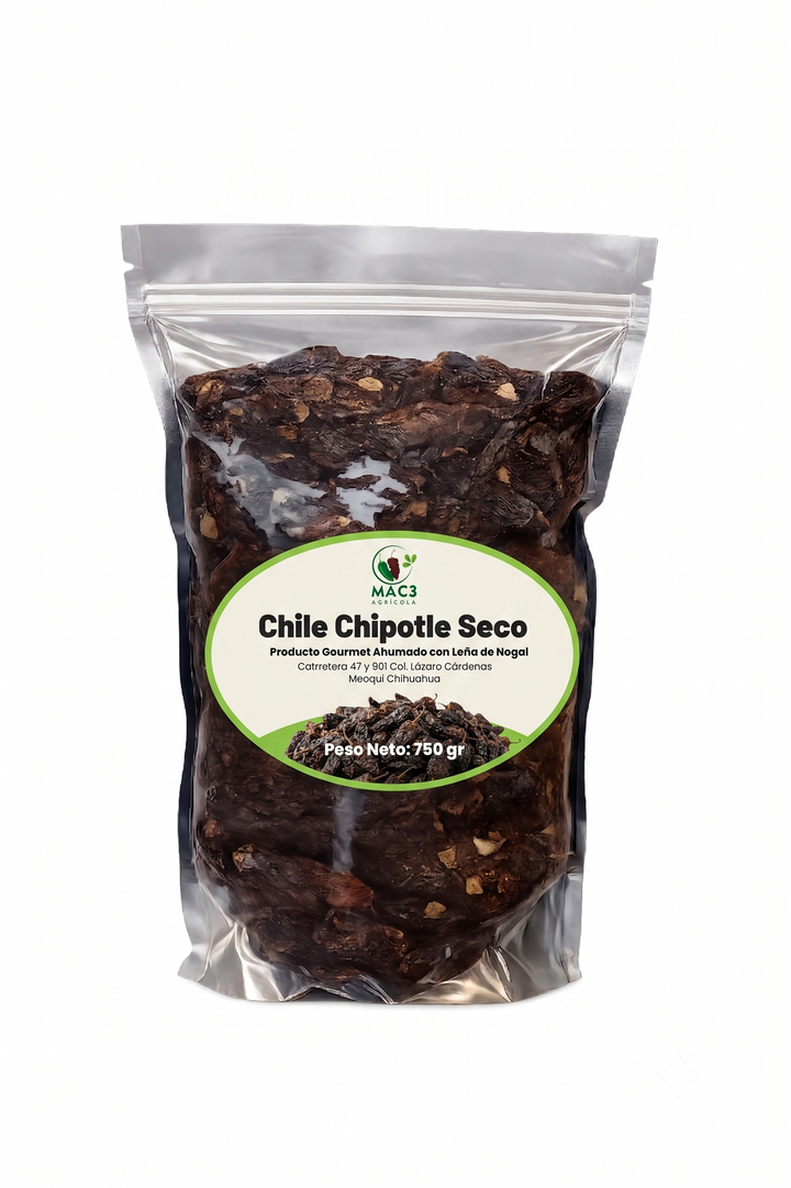 Chile chipotle seco gourmet ahumado con leña de nogal MAC3 Agrícola - Bolsa de 750 gr