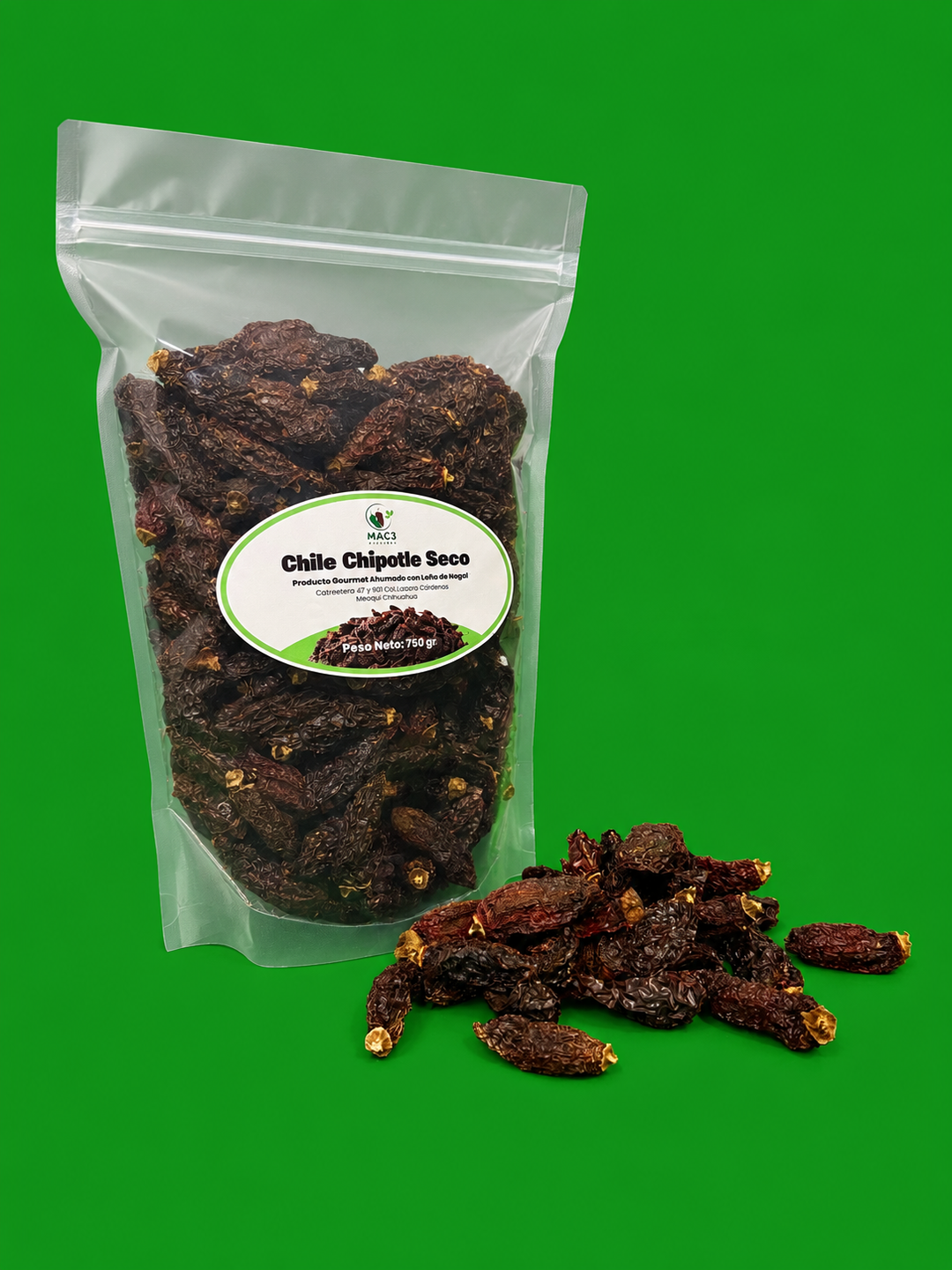 Chile chipotle seco gourmet ahumado con leña de nogal MAC3 Agrícola - Bolsa de 750 gr